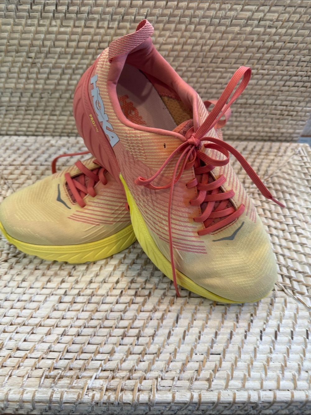 Hoka Mach 3 Women's Coral Pink and Yellow Athletic Running Shoes